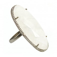 Rainbow moonstone oval silver cocktail ring